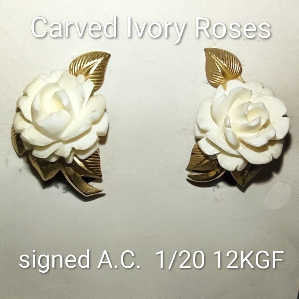 Carved Ivory Roses Gold Filled Stamped Screw-Back Vintage Earrings